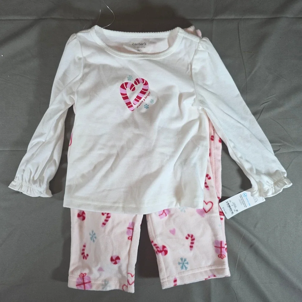 Carters Just One You Kids 2T 3-Piece Holiday Pajama Set Candy Cane Pink White